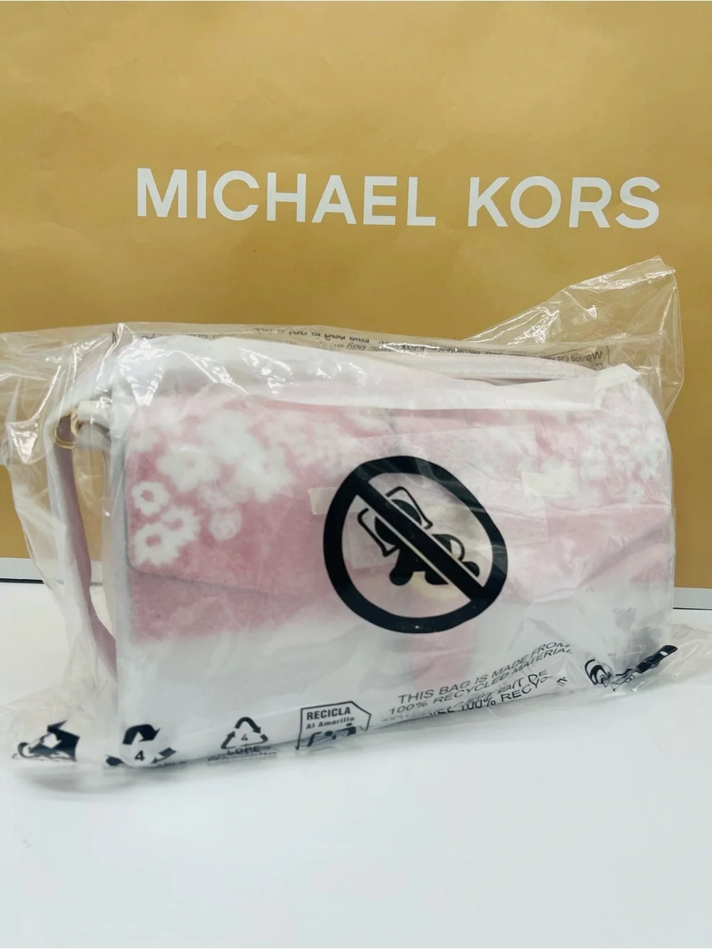 MICHAEL KORS Greenwich Md Printed MK Logo Convertible Shoulder Carnation  NWT